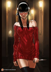 Rule 34 | 1girl, aran sweater, bare shoulders, black hair, black thighhighs, blush, breasts, brown eyes, cable knit, collarbone, commentary, covered erect nipples, dagger, dress, english commentary, eyeliner, facing viewer, fingernails, ganassa, hairband, highres, holding, holding dagger, holding knife, holding weapon, knife, lips, makeup, medium breasts, no bra, nose blush, off-shoulder sweater, off shoulder, paid reward available, red sweater, reverse grip, short hair with long locks, sleeves past wrists, solo, spy x family, stiletto (weapon), sweater, sweater dress, thighhighs, walking, weapon, white hairband, yor briar, zettai ryouiki