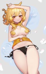 Rule 34 | 1girl, animal ears, arm up, armpits, bare arms, bare shoulders, black panties, blonde hair, breasts, chung (ugwa), commission, curly hair, framed breasts, hair censor, hand on own stomach, highres, long hair, looking at viewer, lying, medium breasts, no pants, on back, orange eyes, original, panties, revealing clothes, shirt, side-tie panties, sleeveless, sleeveless shirt, smile, solo, string panties, thigh gap, thighs, ugwa, underwear, yellow shirt