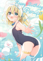 Rule 34 | 1girl, ass, bare arms, bare shoulders, blonde hair, blue collar, blue eyes, blue one-piece swimsuit, blue ribbon, blue sky, blue socks, cloud, collar, commentary request, dated, day, fake halo, flower, hair between eyes, hair ribbon, halo, hanamiya natsuka, happy birthday, kneehighs, leash, long hair, looking at viewer, looking to the side, one-piece swimsuit, original, petals, pink flower, pink rose, ribbon, rose, single kneehigh, single sock, single thighhigh, sky, socks, solo, strap slip, striped clothes, striped thighhighs, swimsuit, thighhighs