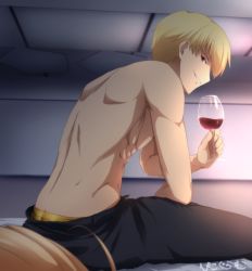 Rule 34 | 1boy, 1girl, ahoge, alcohol, artoria pendragon (fate), back, bed sheet, black pants, blonde hair, cup, drink, fate/stay night, fate (series), gilgamesh (fate), grin, highres, holding, holding cup, indoors, looking at viewer, looking back, male focus, on bed, pants, pikoguramyu, red eyes, saber (fate), topless male, sitting, smile, wine
