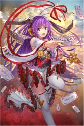Rule 34 | 10s, 1girl, bare shoulders, bird, chain chronicle, detached sleeves, flower, holding, japanese clothes, looking at viewer, miko, musyne xsk, obi, open mouth, petals, purple eyes, purple hair, ribbon, rose, sash, scepter, solo, standing, standing on one leg, talisman, thighhighs, white thighhighs