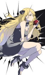 Rule 34 | 1girl, anidf, bare shoulders, black dress, black footwear, blonde hair, breasts, creatures (company), cynthia (pokemon), dress, earrings, flower, from side, full body, fur collar, fur trim, game freak, gold earrings, grey eyes, hair ornament, hair over one eye, high heels, highres, holding, holding flower, jewelry, large breasts, long hair, looking at viewer, nintendo, pokemon, pokemon dppt, red flower, red rose, rose, sleeveless, solo, two-tone background, very long hair
