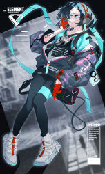 Rule 34 | 1girl, absurdres, arm tattoo, bandaid, bandaid on face, bandaid on forehead, black hair, blue eyes, blurry, blurry background, gloves, grandia lee, half gloves, headphones, highres, huge filesize, jacket, open clothes, open jacket, original, shoes, short hair, sneakers, solo, tattoo, zipper, zipper pull tab