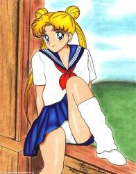 Rule 34 | 1990s (style), bishoujo senshi sailor moon, blonde hair, blue eyes, panties, school uniform, serafuku, tsukino usagi, underwear