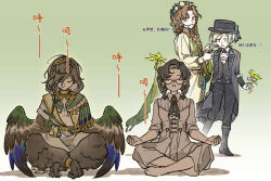 1boy 3girls :o adjusting_another&#039;s_hair alternate_hairstyle ancient_egyptian_clothes ankh ascot barefoot bird_legs bird_wings black_coat black_footwear black_hair black_pants black_vest boater_hat boots braces braid braiding_hair breathing brown_eyes brown_feathers brown_hair brown_wings candy chinese_text closed_eyes coat collared_dress collared_shirt creature cross_tie crossed_ankles dress fairy feathers flower flower_wreath flute food full_body getian_(reverse:1999) glasses gradient_background green_background green_shawl grey_eyes grey_hair hair_bun hair_ornament hairdressing harpy_boy head_wreath highres holding_another&#039;s_hair indian_style instrument knee_boots long_dress long_sleeves looking_at_viewer meditation medium_hair monster_boy multiple_girls official_alternate_costume official_art open_mouth pants reverse:1999 shirt single_braid single_off_shoulder single_side_bun sitting sleeves_rolled_up tooth_fairy_(reverse:1999) translated tunic tying_another&#039;s_hair usekh_collar vertin_(reverse:1999) vest waistcoat walking white_ascot white_dress white_flower white_shirt white_tunic winged_arms wings z_(reverse:1999)