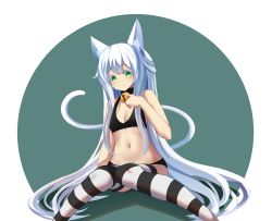 Rule 34 | 1girl, animal ear fluff, animal ears, arknights, bare arms, bare shoulders, bell, black bra, black choker, black panties, blush, bra, breasts, cat ears, cat tail, choker, circle, cleavage, colored eyelashes, commentary, feet out of frame, green eyes, hand up, highres, huizhiyin, jingle bell, knees together feet apart, long hair, navel, neck bell, panties, parted lips, rosmontis (arknights), silver hair, sitting, small breasts, solo, stomach, striped clothes, striped thighhighs, tail, thighhighs, underwear, underwear only, very long hair, white background