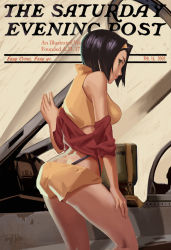 Rule 34 | 1990s (style), 1girl, ass, breasts, cockpit, cover, cowboy bebop, fake cover, faye valentine, from behind, green eyes, hand on own thigh, hand on thigh, highres, magazine cover, purple hair, retro artstyle, short hair, short shorts, shorts, solo, suspenders, the saturday evening post, tim yan