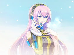 Rule 34 | blue eyes, breath, chan co, detached sleeves, headphones, headset, jewelry, long hair, megurine luka, microphone, music, pink hair, ring, singing, snow, solo, very long hair, vocaloid