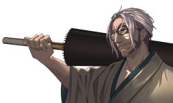 Rule 34 | 1boy, arurandeisu, beard, collarbone, facial hair, from side, glasses, grey hair, highres, holding, holding umbrella, holostars, japanese clothes, kimono, looking ahead, male focus, mechjunk, one eye covered, over shoulder, sidelocks, smile, solo, umbrella, virtual youtuber, yellow eyes