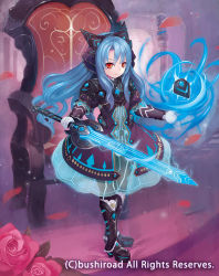 Rule 34 | 10s, 1girl, blue hair, boots, cardfight!! vanguard, chair, child, commanding knight gnesa, company name, curly hair, dress, flower, full body, gloves, hairband, leaf, long hair, official art, petals, red eyes, rose, saitou takeo, solo, sword, weapon