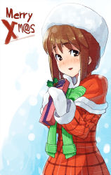 Rule 34 | 00s, 1girl, blush, bob cut, capelet, christmas, fur hat, gift, hagiwara yukiho, hat, holding, holding gift, idolmaster, idolmaster (classic), light smile, looking at viewer, mittens, santa costume, scarf, shue, shy, snow, solo, texture, white mittens