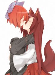 Rule 34 | 2girls, akagashi hagane, animal ears, black shirt, blue bow, bow, brown hair, commentary request, couple, disembodied head, dress, closed eyes, hair bow, height difference, hug, imaizumi kagerou, kiss, long hair, long sleeves, multiple girls, red hair, sekibanki, shirt, short hair, simple background, tail, touhou, white background, wide sleeves, wolf ears, wolf tail, yuri