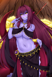 Rule 34 | 1girl, apophis (monster girl encyclopedia), black sclera, blue skin, breasts, cleavage, colored sclera, colored skin, commentary, commission, english commentary, fate/grand order, fate (series), gold, grin, hair between eyes, jewelry, lamia, large breasts, lindaroze, long hair, looking at viewer, monster girl, monster girl encyclopedia, monsterification, navel, necklace, pelvic curtain, pointy ears, red hair, scales, scathach (fate), sidelocks, smile, solo, tail, underboob, unmoving pattern, very long hair, weapon, yellow eyes