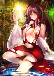 Rule 34 | 1girl, bad id, bad pixiv id, bare shoulders, blush, bow, breasts, brown eyes, brown hair, detached sleeves, dress, female focus, hair bow, hair tubes, hakurei reimu, highres, large breasts, long hair, long sleeves, looking at viewer, moruchi (rinaka moruchi), no bra, red dress, solo, torn clothes, torn dress, touhou, underboob, water, wavy mouth, wide sleeves