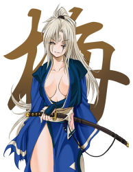 Rule 34 | 1girl, alternate color, arc system works, baiken, bee, bibyo, breasts, breasts apart, bug, cleavage, grey eyes, grey hair, guilty gear, bug, japanese clothes, katana, kimono, large breasts, open clothes, open kimono, ponytail, sheath, sheathed, smirk, solo, sword, weapon