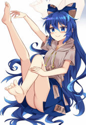 Rule 34 | 1girl, arm up, ass, bad anatomy, bare legs, barefoot, blue bow, blue eyes, blue hair, blue skirt, blush, bow, commentary request, debt, drawstring, e.o., artistic error, full body, grey hoodie, hair between eyes, hair bow, highres, hood, hoodie, knee up, leg up, long hair, looking at viewer, miniskirt, no panties, partial commentary, short sleeves, sidelocks, simple background, sitting, skirt, smile, solo, thighs, touhou, very long hair, white background, wrong foot, yorigami shion, zoom layer