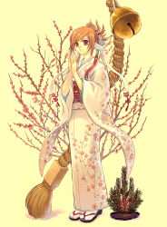 Rule 34 | 1girl, bell, cherry blossoms, floral print, furisode, hair ornament, hatsumoude, head wings, japanese clothes, jingle bell, kimono, new year, obi, orange hair, original, own hands together, red eyes, sash, shrine bell, solo, standing, tabi, tassel, wings