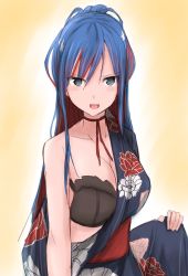 Rule 34 | 1girl, black bra, blue hair, blue kimono, bra, breasts, cleavage, collarbone, commentary request, commission, floral print, highres, japanese clothes, kamaboko senshi, kantai collection, kimono, large breasts, long hair, looking at viewer, multicolored hair, off shoulder, ponytail, red hair, solo, south dakota (kancolle), star (symbol), underwear, upper body, white hair, yukata