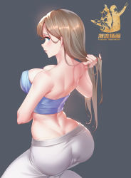 Rule 34 | 1girl, absurdres, aluo 7762, ass, bare shoulders, blue eyes, breasts, brown hair, cameltoe, character request, cleft of venus, copyright request, from behind, grey background, highres, large breasts, long hair, looking at viewer, looking back, midriff, pants, profile, simple background, solo, strapless, tube top, white pants