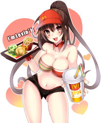 Rule 34 | 1girl, blush, breasts, brown eyes, brown hair, cleavage, detached collar, drink, drinking straw, employee uniform, english text, fast food uniform, food, french fries, burger, happy, large breasts, long hair, mcdonald&#039;s, mi (liki1020), navel, original, part time job, ponytail, short shorts, shorts, smile, solo, strapless, thighs, tray, tube top, uniform, visor cap