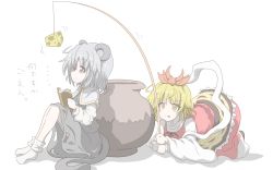Rule 34 | &gt;:p, 2girls, :p, animal ears, animal print, bait, blonde hair, book, capelet, cheese, fishing rod, food, grey eyes, grey hair, hal (pixiv2042201), jar, mouse ears, mouse tail, multiple girls, nazrin, shirt, short hair, simple background, skirt, tail, tiger print, tongue, tongue out, toramaru shou, touhou, translation request, v-shaped eyebrows, vest