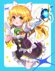 Rule 34 | 1girl, alternate costume, alternate headwear, arms up, black skirt, black vest, blonde hair, blue border, blush, border, bow, bowtie, braid, breasts, brown footwear, clenched hand, commentary request, gloves, green bow, green bowtie, hair ribbon, highres, kirisame marisa, looking at viewer, magical girl, open mouth, outstretched arm, partial commentary, puffy short sleeves, puffy sleeves, ribbon, shirt, short sleeves, single braid, skirt, small breasts, solo, sparkle, star (symbol), thighhighs, touhou, tress ribbon, vest, wand, white gloves, white shirt, white thighhighs, wings, yellow eyes, yuujin (mhhnp306), yuujin (yuzinn333)