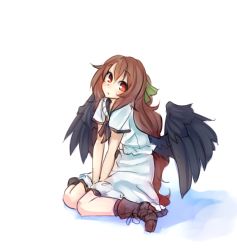 Rule 34 | 1girl, black wings, boots, brown hair, feathered wings, full body, hair ribbon, highres, long hair, monorus, ponytail, red eyes, reiuji utsuho, ribbon, simple background, sitting, skirt, skirt set, solo, touhou, v arms, very long hair, wariza, white background, white skirt, wings