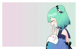 Rule 34 | 1girl, blue hair, bow, closed eyes, detached collar, detached sleeves, double bun, dress, fandead (uruha rushia), fang, fang out, frilled sleeves, frills, ghost, gradient background, gradient hair, green hair, hair bun, hair ornament, hand on own chin, hololive, juliet sleeves, long sleeves, medium hair, multicolored hair, nail polish, open mouth, puffy sleeves, sakana (saka11205), sidelocks, simple background, skull brooch, skull hair ornament, smile, strapless, strapless dress, uruha rushia, uruha rushia (1st costume), virtual youtuber