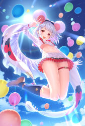 Rule 34 | 1girl, :d, absurdres, animal ears, balloon, black bow, black socks, blue sky, blush, bow, brown footwear, cloud, commentary request, crop top, day, frilled skirt, frilled sleeves, frills, full body, granblue fantasy, hair bow, highres, loafers, long sleeves, looking at viewer, midair, midriff, mouse ears, navel, open mouth, outdoors, pleated skirt, purple hair, red eyes, ribbed legwear, shirt, shoes, silver hair, skirt, sky, smile, socks, solo, striped, striped bow, tomo (tmtm mf mf), vikala (granblue fantasy), white shirt, white skirt, wide sleeves