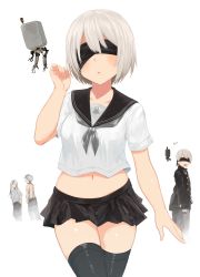 Rule 34 | 1girl, 3boys, ^^^, absurdres, adam (nier:automata), alternate costume, arm at side, black jacket, black skirt, black thighhighs, blindfold, blush, buttons, closed mouth, collarbone, covered eyes, drone, eve (nier:automata), floating, glasses, hand up, highres, hoshimiya aki, jacket, legs together, long hair, long sleeves, machinery, miniskirt, mole, mole under mouth, multiple boys, navel, neckerchief, nier:automata, nier (series), open mouth, pants, pod (nier:automata), robot, sailor collar, school uniform, serafuku, shirt, short sleeves, silver hair, simple background, skirt, smile, thighhighs, topless, white background, white shirt, 2b (nier:automata), 9s (nier:automata)