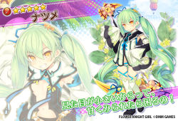 Rule 34 | 1girl, black footwear, black panties, blue ribbon, character name, copyright name, detached sleeves, dmm, floral background, flower knight girl, full body, grin, jujube (flower knight girl), light green hair, long hair, looking at viewer, multiple views, name connection, navel, object namesake, official art, panties, projected inset, ribbon, scythe, smile, standing, star (symbol), tagme, twintails, underwear, very long hair, yellow eyes