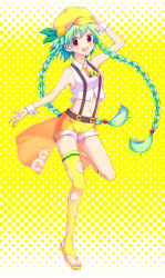 Rule 34 | 1girl, :d, bad id, bad pixiv id, blush, braid, c.c. lemon, c.c. lemon (character), crop top, food, fruit, green hair, halftone, halftone background, hat, highres, lemon, long hair, looking at viewer, midriff, navel, open mouth, original, red eyes, sandals, shorts, smile, solo, sweetcry, thighhighs, toeless legwear, toes, twin braids, twintails, wrist cuffs, yellow background