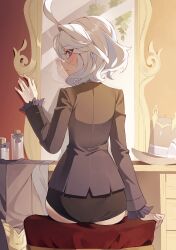 Rule 34 | 1girl, absurdres, black jacket, black shorts, blue eyes, blush, closed mouth, cowlick, dressing room, from behind, furina (genshin impact), genshin impact, hand on chair, hand on mirror, hat, high-waist shorts, highres, jacket, looking at viewer, looking back, mirror, multicolored hair, on chair, partially undressed, reflection, seizou hidzuke, short hair, shorts, solo, streaked hair, table, top hat, unworn hat, unworn headwear, vanity table, wavy hair, white hair