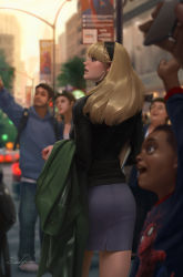 Rule 34 | 2boys, 3girls, absurdres, ass, black hairband, black shirt, blonde hair, blurry, blurry background, city, earrings, from behind, gwen stacy, hairband, highres, hoop earrings, jee-hyung lee, jewelry, lips, long sleeves, looking up, marvel, medium hair, multiple boys, multiple girls, open mouth, outdoors, shirt, skirt, solo focus, spider-man (series), standing, urban
