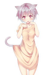 Rule 34 | 1girl, animal ears, bad id, bad pixiv id, cat ears, cat tail, collarbone, dress, frills, kakutasu, looking at viewer, original, oversized clothes, oversized shirt, paw pose, pink eyes, puffy sleeves, shirt, short hair, short sleeves, silver hair, simple background, solo, standing, t-shirt, tail, white background
