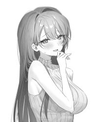 Rule 34 | 1girl, bare arms, bare shoulders, blurry, breasts, fymrie, greyscale, hand up, large breasts, long hair, looking at viewer, monochrome, open mouth, original, ribbed shirt, shirt, sleeveless, sleeveless shirt, smile, solo, sweatdrop, upper body