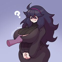 Rule 34 | 1girl, ?, @ @, ahoge, alternate body size, alternate breast size, blue eyes, blue hair, blush, breasts, cleavage, clothes pull, cowboy shot, creatures (company), dabble, disembodied limb, dress, dress pull, game freak, gradient background, hair between eyes, hairband, hex maniac (pokemon), highres, huge breasts, long hair, long sleeves, looking down, nintendo, open mouth, outline, own hands together, plump, pokemon, pokemon xy, purple background, purple hairband, purple outline, simple background, solo focus, thick thighs, thighs