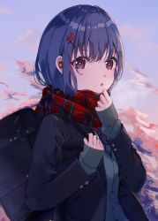 Rule 34 | 1girl, 310setsu, adjusting scarf, bag, black jacket, blazer, blue hair, blue necktie, bright pupils, enpera, hair ornament, highres, jacket, long sleeves, looking at viewer, looking to the side, necktie, open clothes, open jacket, open mouth, original, outdoors, plaid, plaid scarf, purple eyes, red scarf, scarf, school bag, school uniform, signature, sleeves past wrists, solo, sunset, upper body, wireless earphones