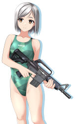 Rule 34 | 1girl, absurdres, ar-15, assault rifle, breasts, brown eyes, camouflage, clothes writing, commentary request, competition swimsuit, feet out of frame, green one-piece swimsuit, grey hair, gun, highleg, highleg swimsuit, highres, holding, holding gun, holding weapon, one-piece swimsuit, original, rifle, short hair, simple background, small breasts, solo, standing, swimsuit, takafumi, translation request, trigger discipline, variant set, weapon, white background
