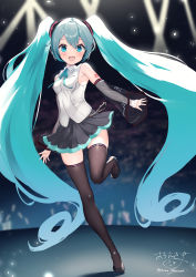 Rule 34 | 1girl, :d, absurdres, aqua hair, black footwear, black skirt, black sleeves, blue eyes, blue ribbon, blurry, blurry background, blush, brown thighhighs, collared shirt, commentary request, depth of field, detached sleeves, dress shirt, full body, glowstick, hair between eyes, hatsune miku, hatsune miku (nt), high heels, highres, long hair, long sleeves, looking at viewer, neck ribbon, ochinsama, open mouth, penlight (glowstick), piapro, pleated skirt, ribbon, see-through, shirt, shoes, signature, skirt, sleeveless, sleeveless shirt, smile, solo, standing, standing on one leg, thighhighs, twintails, twitter username, very long hair, vocaloid, white shirt, wide sleeves
