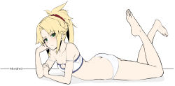Rule 34 | 1girl, absurdres, ass, bad id, bad twitter id, blonde hair, breasts, butt crack, character name, cleavage, commentary request, fate (series), feet, green eyes, hand on own cheek, hand on own face, highres, looking at viewer, lying, mordred (fate), mordred (fate) (all), mordred (fate/apocrypha), mordred (swimsuit rider) (fate), on stomach, raised eyebrow, small breasts, solo, takatun223, the pose, white background