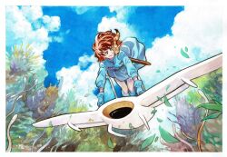 Rule 34 | 1girl, aircraft, animal, animal on shoulder, blue dress, blue gloves, border, cloud, commentary, commission, dike ruan, dress, earrings, english commentary, floating hair, glider, gloves, grass, hair behind ear, jewelry, kaze no tani no nausicaa, nausicaa, parted lips, plant, short hair, sky, smile, solo, teto (nausicaa), white border