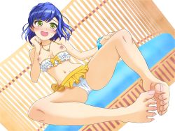 Rule 34 | 1girl, artist request, barefoot, bikini, blue hair, blush, breasts, breasts out, feet, green eyes, highres, idolmaster, idolmaster million live!, long hair, nanao yuriko, nipples, open mouth, soles, solo, spread legs, sweatdrop, swimsuit, toes