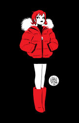 1girl artist_name black_background black_eyes black_lips boots commentary dated english_commentary flat_color full_body fur-trimmed_jacket fur_trim highres jacket limited_palette looking_to_the_side mikemaihack original red_footwear red_hair red_jacket short_hair simple_background solo standing