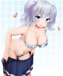 Rule 34 | 10s, 1girl, blue eyes, bra, breasts, cleavage, heart, kantai collection, kashima (kancolle), large breasts, long hair, navel, open mouth, ryuu., silver hair, skirt, smile, solo, stomach, twintails, underwear, wavy hair