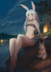 Rule 34 | 1girl, animal ears, bandeau, breasts, rabbit, rabbit ears, carrot, cloud, eating, facial mark, fire, jewelry, looking up, medium breasts, microskirt, necklace, night, original, outdoors, red eyes, sitting, skirt, sky, soaking feet, solo focus, tree, underboob, water, white hair, yagihachi