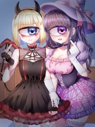 Rule 34 | 2girls, :d, azen (mntimcczgrtn), black dress, black gloves, black hair, black hairband, blonde hair, blood, bloody tears, blue eyes, blue hair, blush, bob cut, bow, breasts, choker, cleavage, clenched teeth, colored inner hair, corset, cyclops, dress, facial mark, fake horns, fake wings, finger heart, fingerless gloves, fingernails, fishnet pantyhose, fishnets, gloves, hairband, halloween costume, hat, hat bow, heart, heart facial mark, highres, horns, large breasts, looking at viewer, middle finger, multicolored hair, multiple girls, nail polish, neck ribbon, one-eyed, open mouth, original, pantyhose, pink bow, pink dress, puffy short sleeves, puffy sleeves, purple choker, red nails, ribbon, short sleeves, smile, spider web print, teeth, two side up, white gloves, wings, witch hat