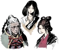 Rule 34 | 3girls, bangs pinned back, black eyes, brown hair, closed mouth, divine child of rejuvenation, emma the gentle blade, head tilt, highres, horsea (ekaki01), japanese clothes, kimono, lady butterfly, long hair, looking at viewer, multiple girls, old, old woman, parted lips, sekiro: shadows die twice, signature, simple background, white background, white hair