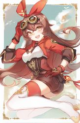 Rule 34 | 1girl, amber (genshin impact), boots, border, brown hair, brown shorts, commentary, genshin impact, gloves, goggles, goggles on head, hair ribbon, haiyun, hand up, highres, jacket, long hair, open mouth, red gloves, red jacket, red ribbon, red thighhighs, ribbon, shorts, sleeves past elbows, smile, solo, teeth, thigh boots, thighhighs, upper teeth only, white border, white thighhighs, yellow eyes, zettai ryouiki
