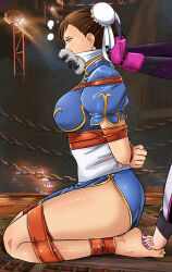 Rule 34 | 2girls, absurdres, arms behind back, ass, barefoot, bdsm, body blush, bondage, bound, bound ankles, bound arms, bound legs, bound wrists, breasts, brown eyes, brown hair, bun cover, capcom, chain, chinese clothes, chloroform, chun-li, cloth gag, double bun, footsies, from side, gag, gagged, hair bun, han juri, highres, improvised gag, kneeling, large breasts, legs, long legs, lost one zero, multiple girls, nail polish, over the mouth gag, seiza, short hair, sitting, street fighter, sweat, tape, tape bondage